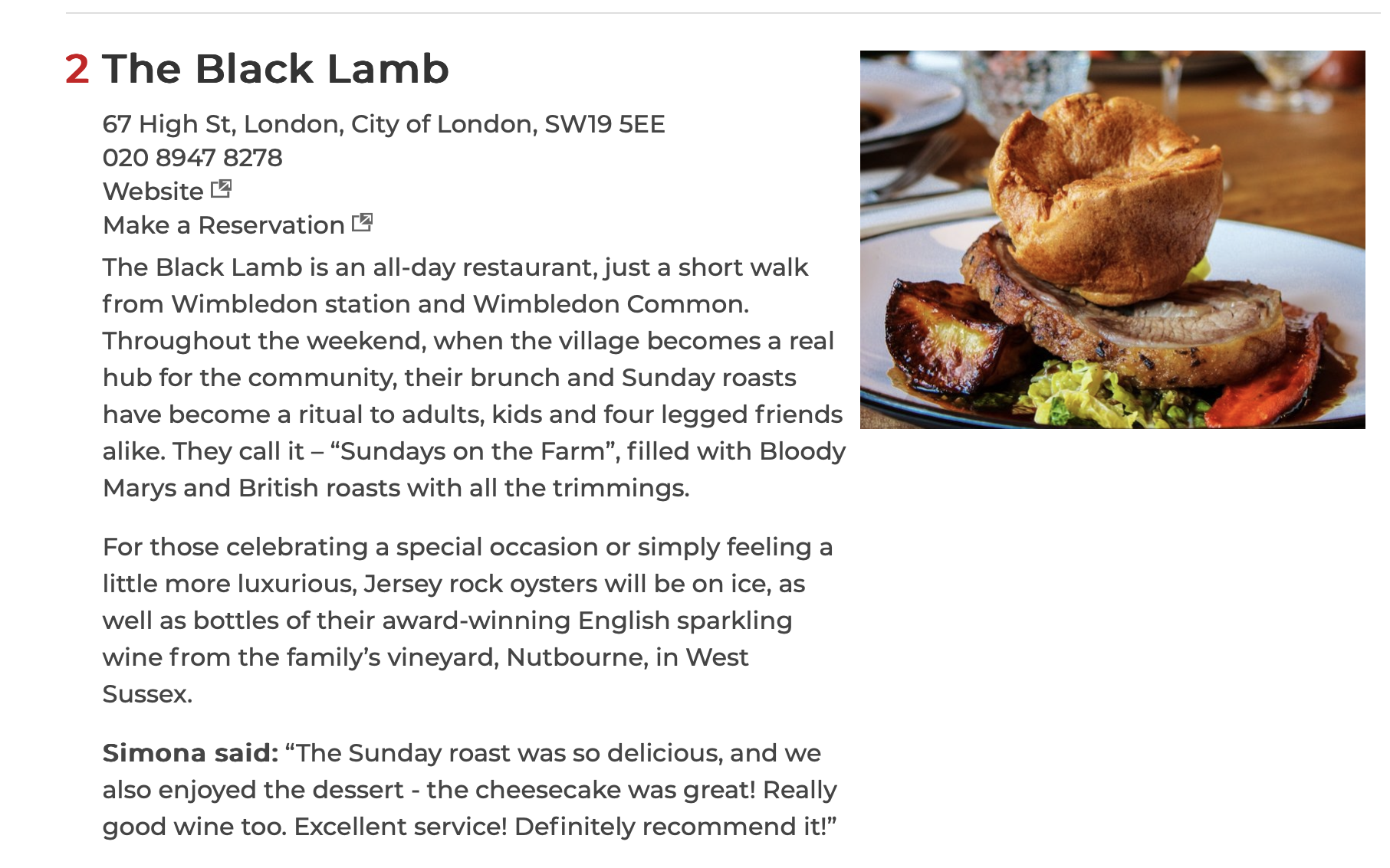 2nd Best Sunday Roast in Surrey and SW London